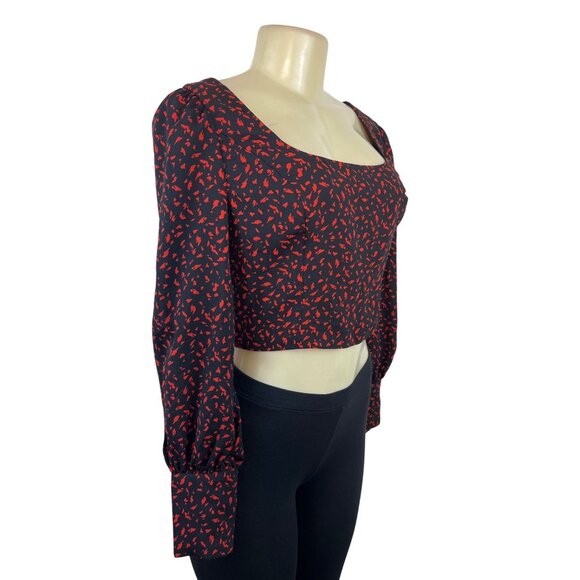 Dynamite Black & Red Long Sleeve Cropped Blouse With Square Neckline Size XS - Picture 2 of 8